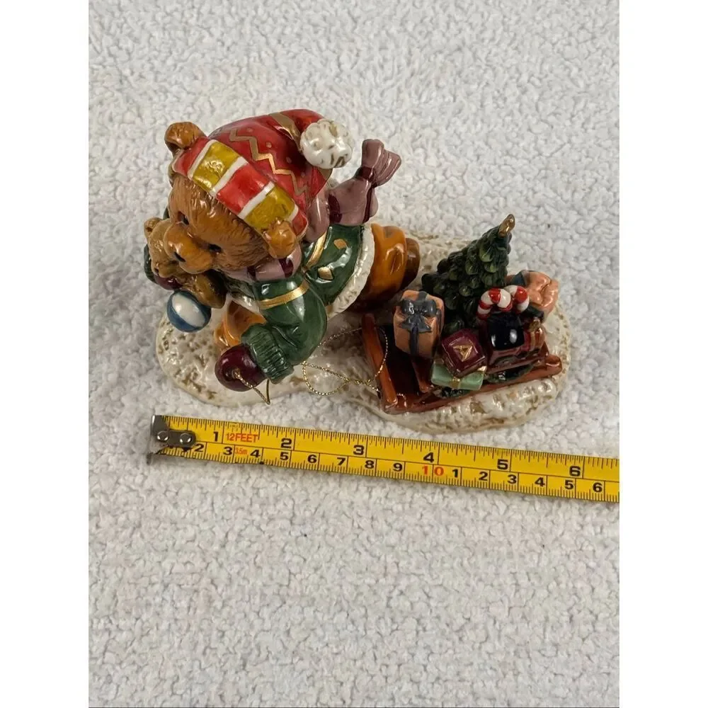 Christmas Teddy Bear Pulling Sled Porcelain Figure
